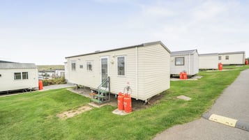 A row of mobile homes with a grassy lawn and a paved path.