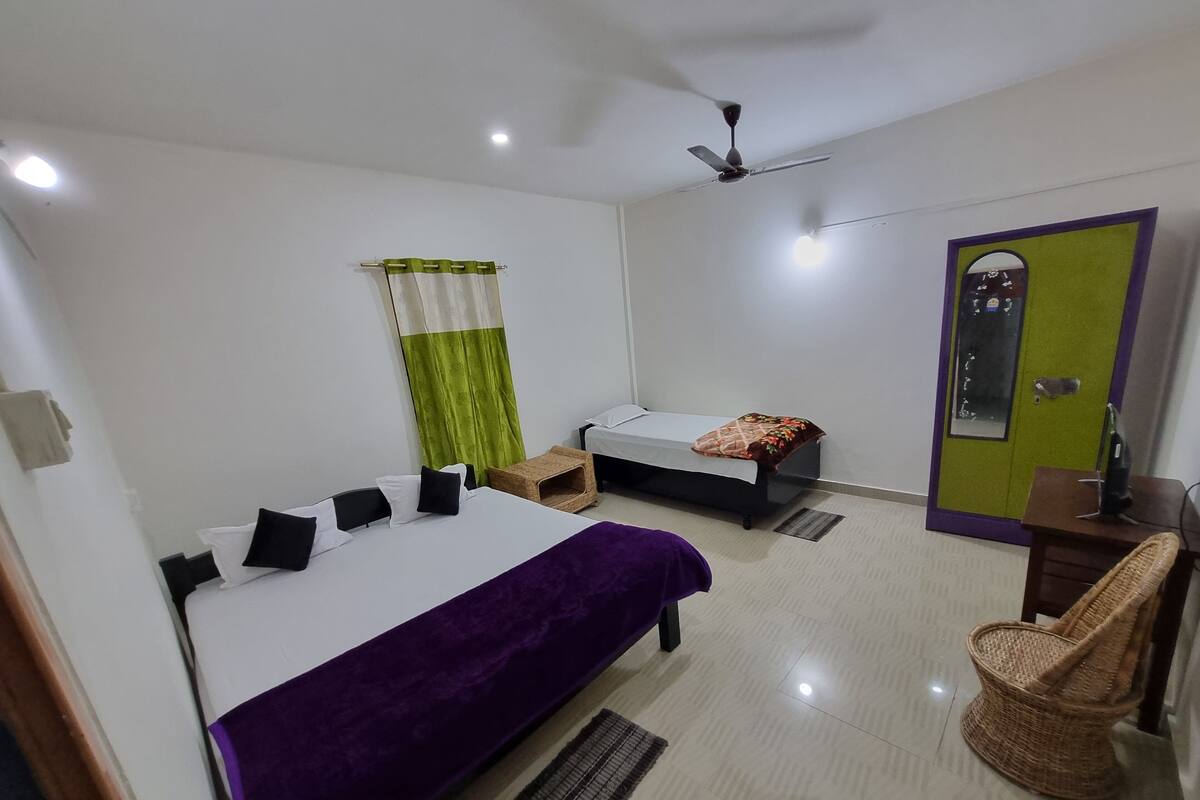 Habitación de hotel con una cama grande, una cama más pequeña, un escritorio, una silla, un espejo y un ventilador de techo.