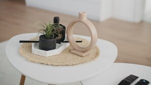Un salon moderne avec une table ronde blanche, une plante en pot, un vase décoratif et deux télécommandes.
