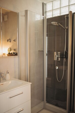 Shower, towels, toilet paper