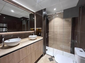 Shower, hair dryer, towels