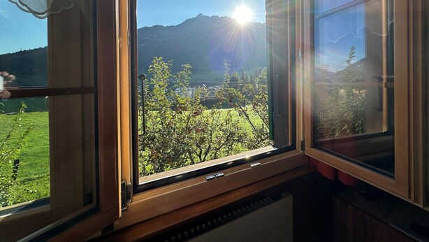 A window with a view of a green landscape and mountains in the distance. - Ferienwohnung Gehrihorn by Interhome (Frutigen)