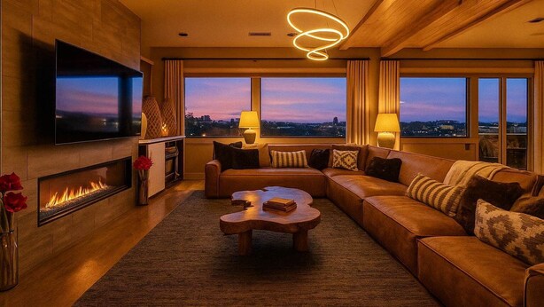 A modern living room with a fireplace, a large flat-screen TV, a sofa set, and a view of the city at dusk.