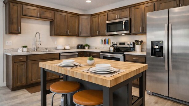 Una cocina moderna con armarios de madera, electrodomésticos de acero inoxidable y una isla central con taburetes.
