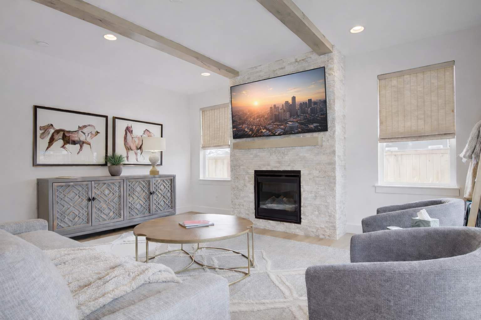 TV, fireplace, offices