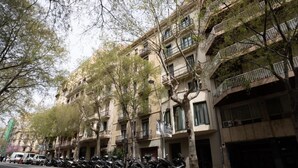 A row of multi-story residential buildings with balconies, parked motorcycles, and a clear road with a bus lane. - Beautiful apartment in down town Barcelona (Barcelona)
