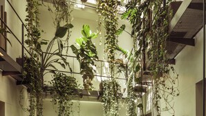 En flerplans atriumgård med hængende planter og en trappe.