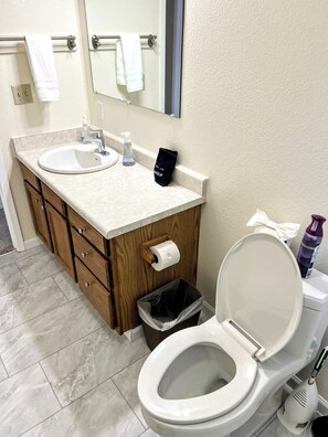 Hårføner, håndklær, såpe og toalettpapir