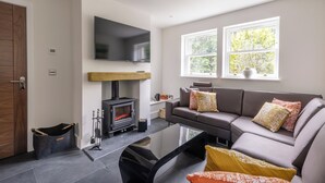 A modern living room with a sofa, a flat-screen TV, a fireplace, and a window with a view of trees. - Birdsong Cottage - North East Escapes (Belford)