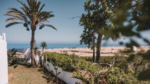 A coastal view with a white building, palm trees, and a sandy beach.