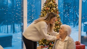 A room with a Christmas tree, a window with a view of a snowy landscape, and a person sitting on a chair. - Private Spa| Hiking| Skiing| Mini Chalet| Assinie (Brownsburg)