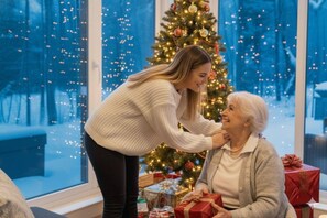 A room with a Christmas tree, a window with a view of a snowy landscape, and a person sitting on a chair. - Private Spa| Hiking| Skiing| Mini Chalet| Assinie (Brownsburg)