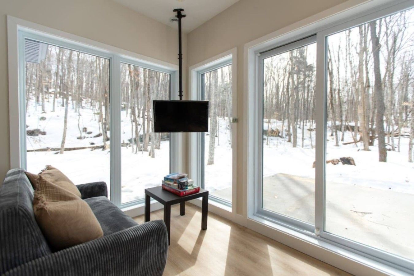 A living room with a large window, a flat-screen TV, a sofa, and a small table with books.