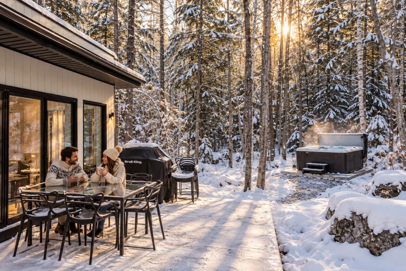 Un espace extérieur aménagé pour les repas, recouvert de neige, avec un jacuzzi et un barbecue, le tout entouré d’une forêt.