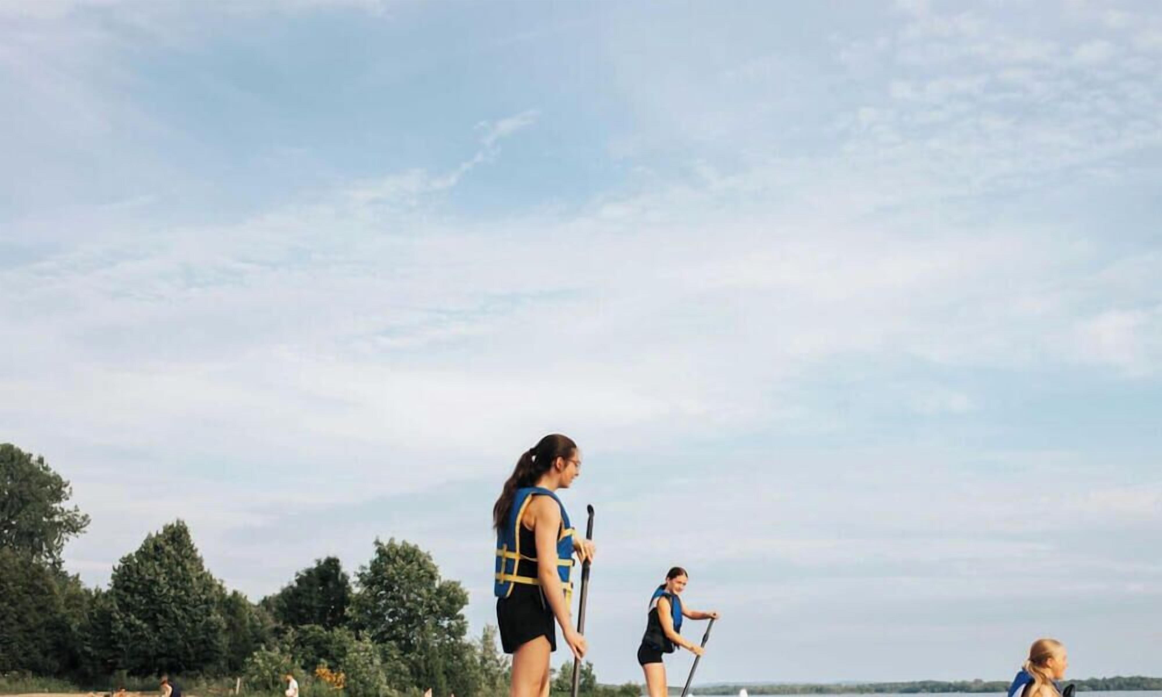 Un grup de persones fent paddle surf a un llac amb arbres al fons.