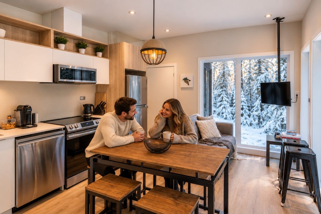 Una cocina moderna con electrodomésticos de acero inoxidable, una mesa de comedor de madera y un amplio ventanal con vistas a árboles cubiertos de nieve.