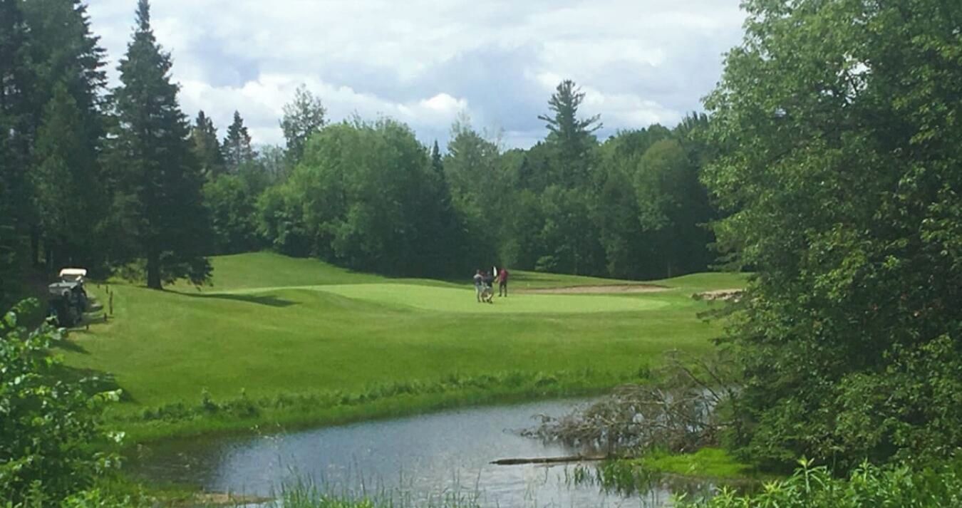 A golf course with a pond, surrounded by dense trees.