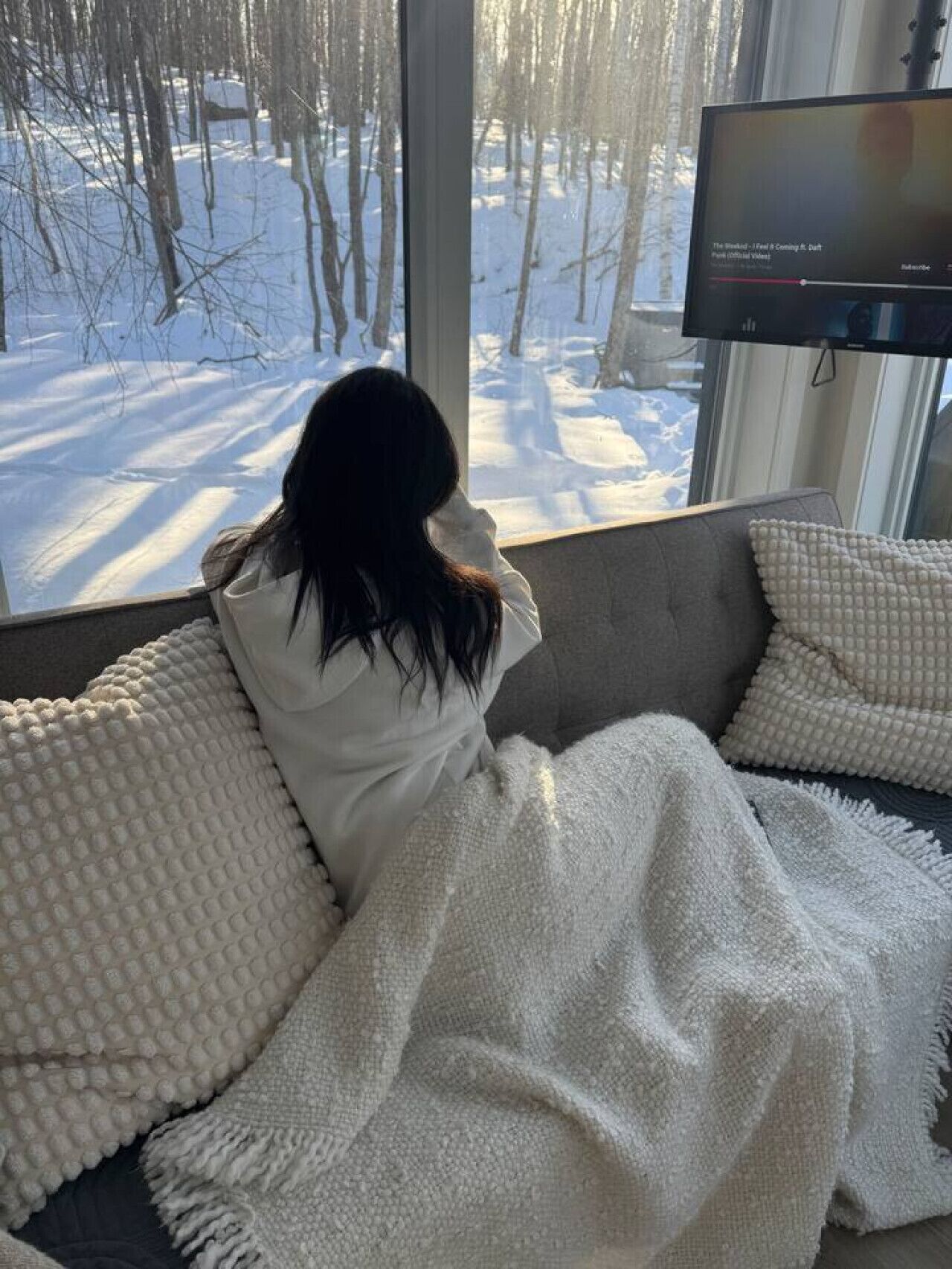 A person sitting on a couch by a window with a view of a snowy landscape.