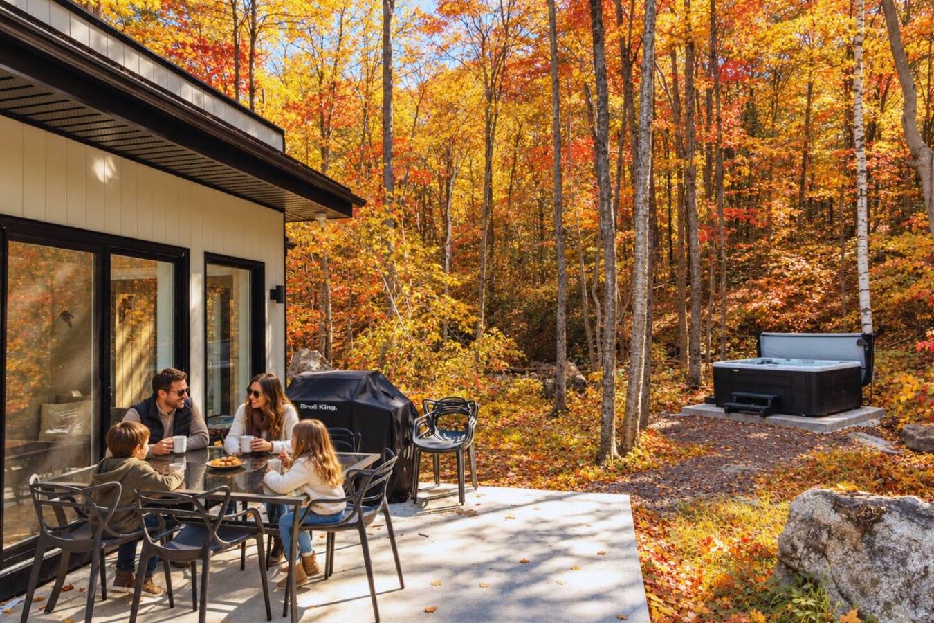 Un patio con mobiliario exterior, una parrilla y un jacuzzi en un área boscosa.