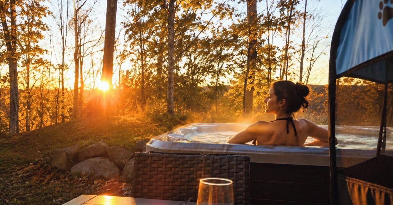 A person relaxing in a hot tub with a view of trees and the sun setting in the background.