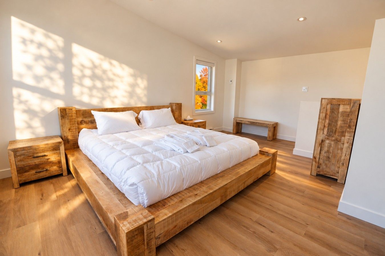 Een slaapkamer met een houten bedframe, een nachtkastje, een bankje en een kledingkast.