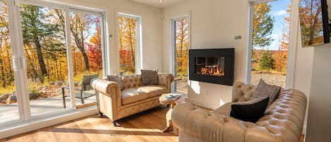 A spacious living room with a fireplace, large windows, and a view of autumn foliage.