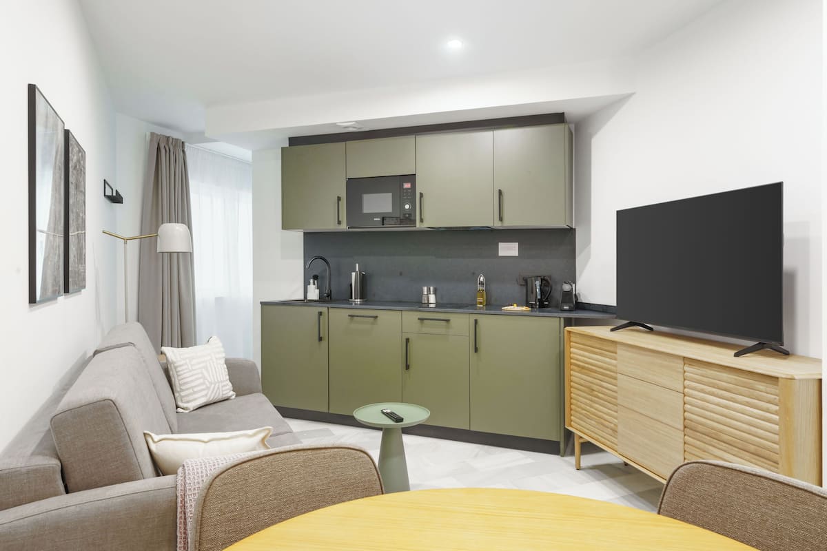 One-Bedroom Comfort Apt with Sofa Bed | Private kitchen | Fridge, microwave, oven, stovetop