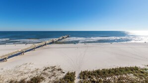 A beach with a long pier extending into the ocean, sandy beach, and grassy dunes. - Emerald Skye 51 by Liquid Life (Orange Beach)
