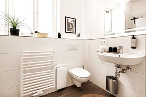 Hair dryer, soap, shampoo, toilet paper