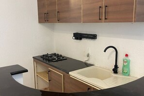 Réfrigérateur, four à micro-ondes, surface de cuisson, cafetière-théière