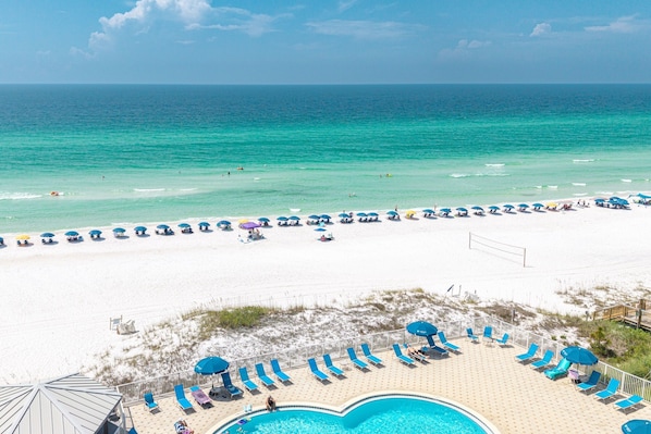 A beach resort with a swimming pool, sun loungers, and umbrellas.