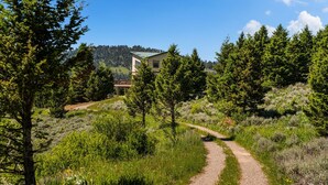 A house surrounded by trees and a gravel path. - Quinn Creek Chalet-Great home to relax with family & enjoy the views! (Bozeman)