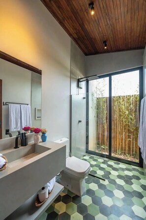 Shower, towels, soap, toilet paper