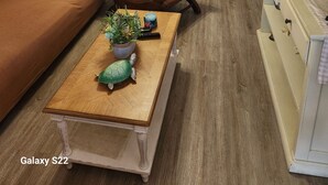 Un salon avec un canapé, un fauteuil, une table basse en bois agrémentée de plantes, un ventilateur de plafond et, au fond, un lave-linge.