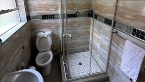 A bathroom with a glass-enclosed shower, a toilet, and a sink. - Mosele wa Pula Guesthouse  (Rustenburg)
