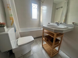 Hair dryer, towels, soap, toilet paper