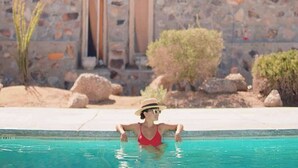Une piscine avec un mur de pierres en arrière-plan, une porte et quelques plantes.