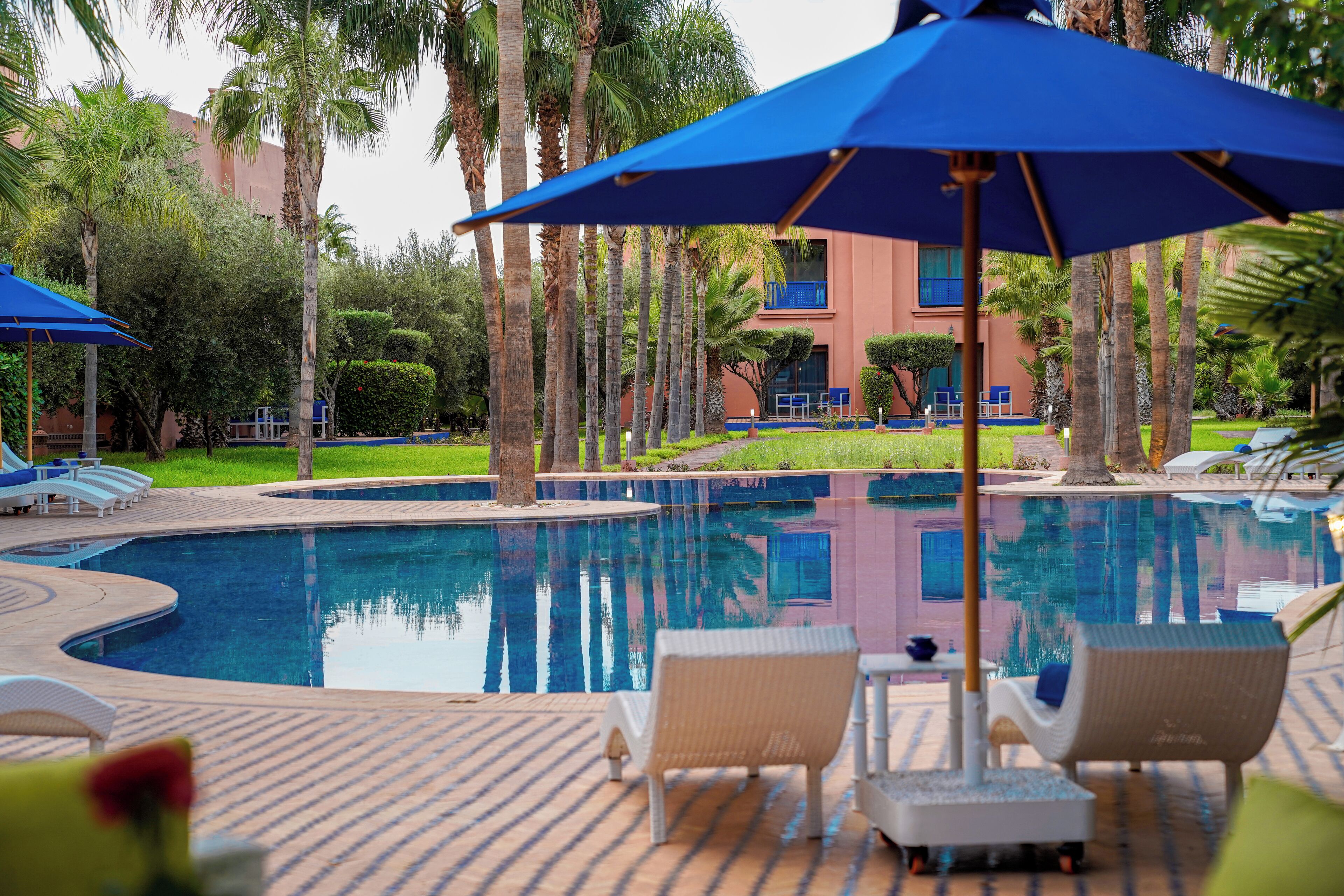 Zona de piscina con sillas de descanso y sombrillas, rodeada de palmeras y un edificio al fondo.