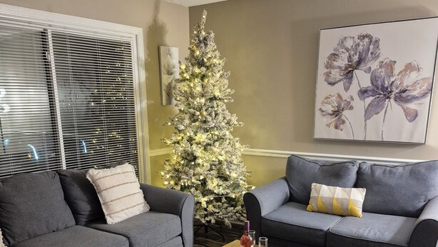 Ein Wohnzimmer mit zwei grauen Sofas, einem Holztisch, einem Weihnachtsbaum und einem Gemälde an der Wand.
