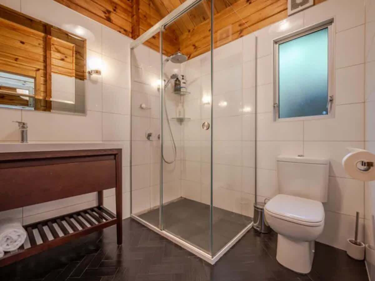 Shower, hair dryer, towels, shampoo