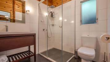 Shower, hair dryer, towels, shampoo