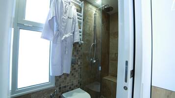 A bathroom with a toilet, a shower, and a window.