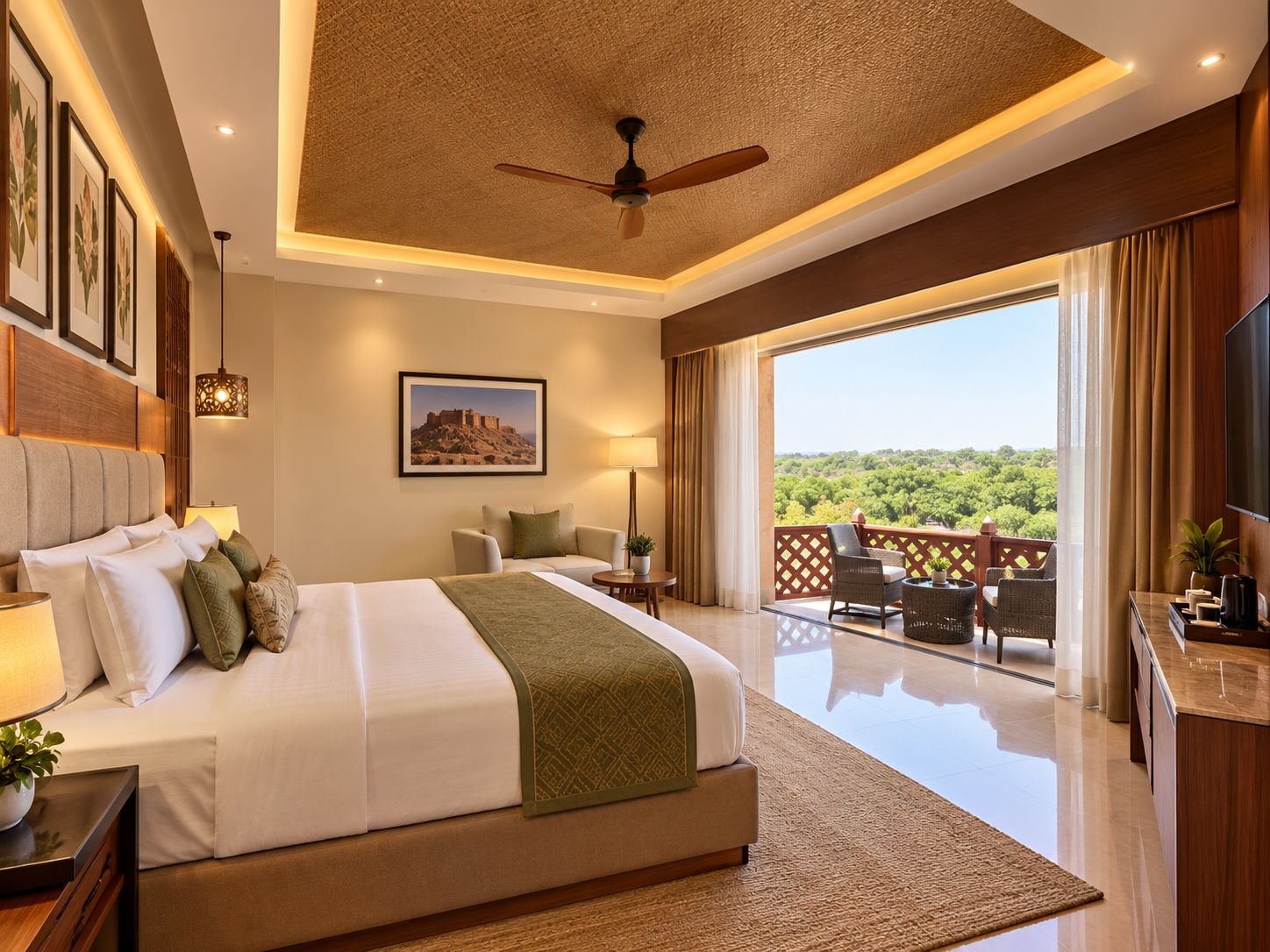 Quarto espaçoso com cama grande, ventoinha no teto e varanda com vista para a paisagem.