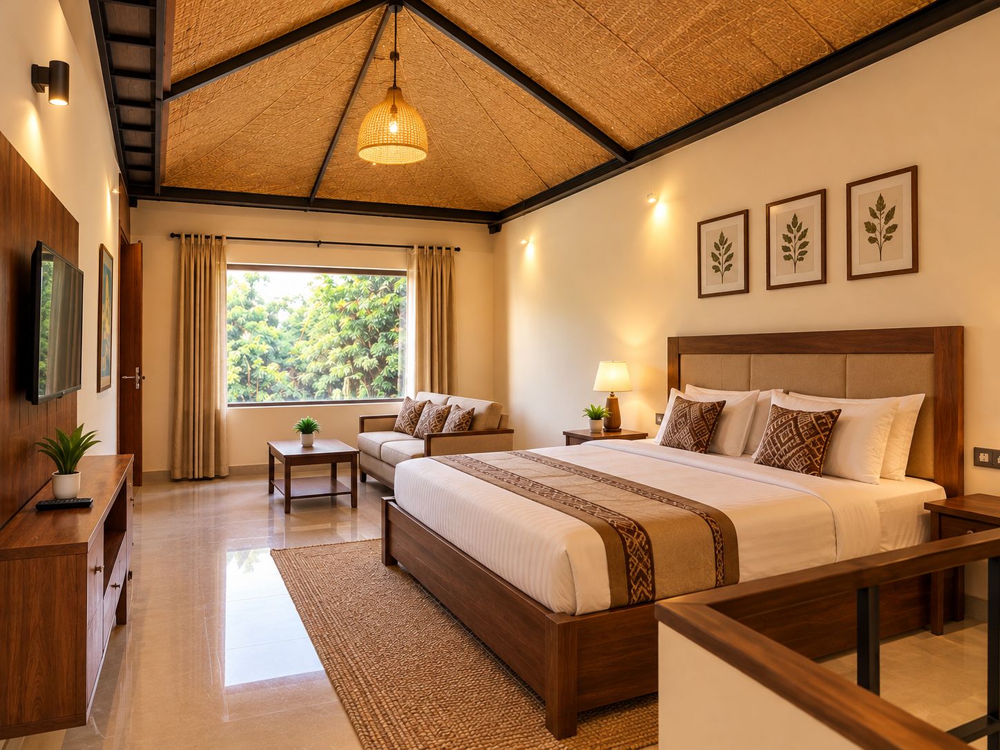 A hotel room with a large bed, a sofa, a desk, and a window with a view of trees.