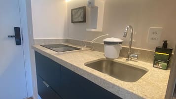 Studio | Private kitchen | Fridge, microwave, cookware/dishes/utensils