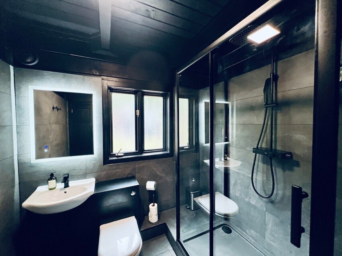 A modern bathroom with a glass-enclosed shower, a sink, and a toilet.