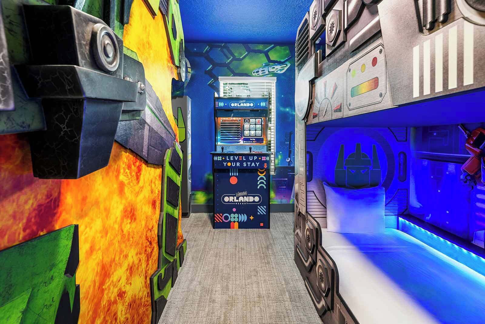 A futuristic-themed hallway with a vending machine, a neon-lit area, and a robotic arm.
