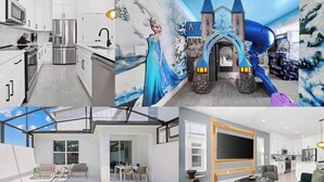 Una cocina moderna con electrodomésticos de acero inoxidable, un comedor con piscina y una sala de estar con sofás verdes.