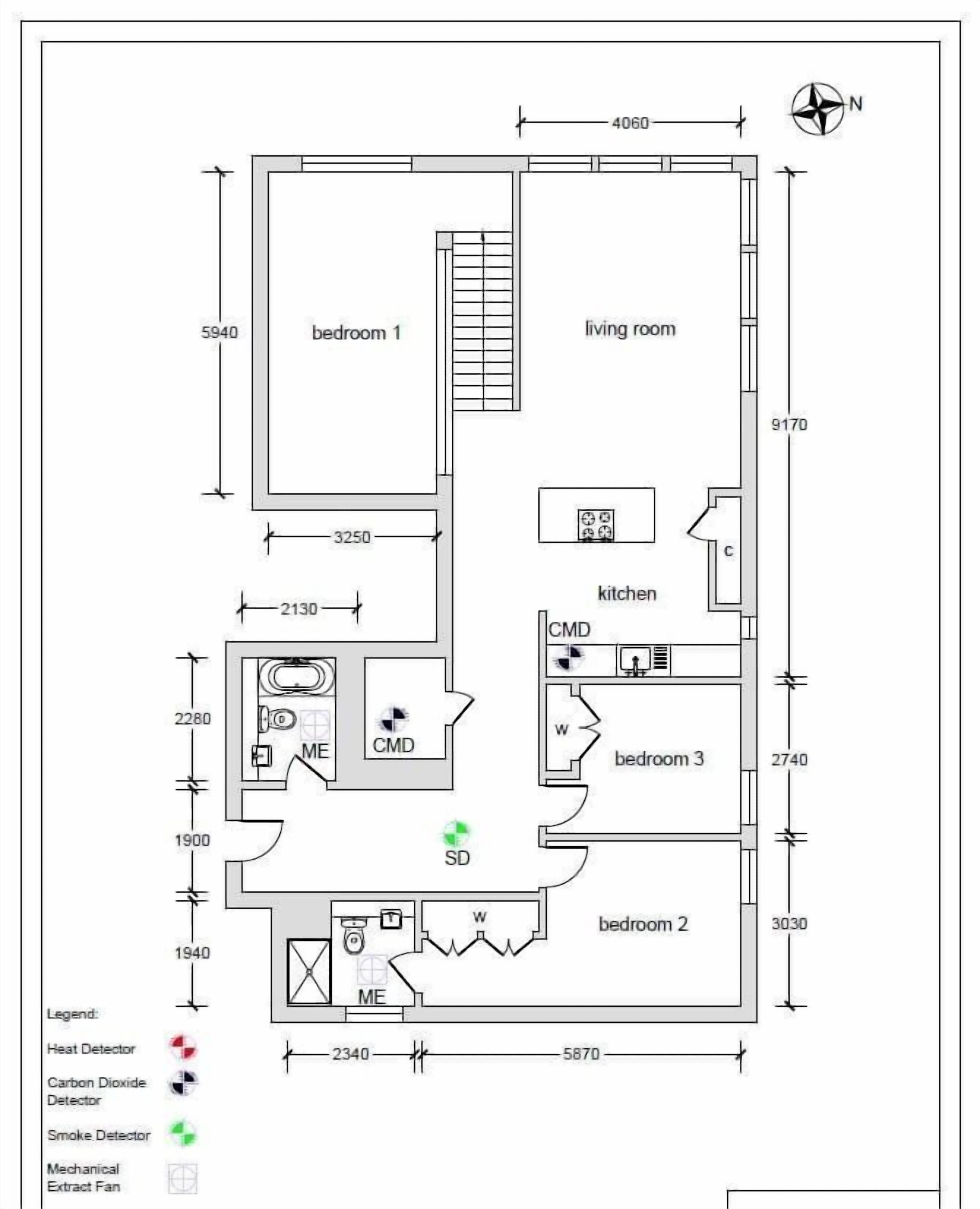 A floor plan of a house with three bedrooms, a living room, and a kitchen.