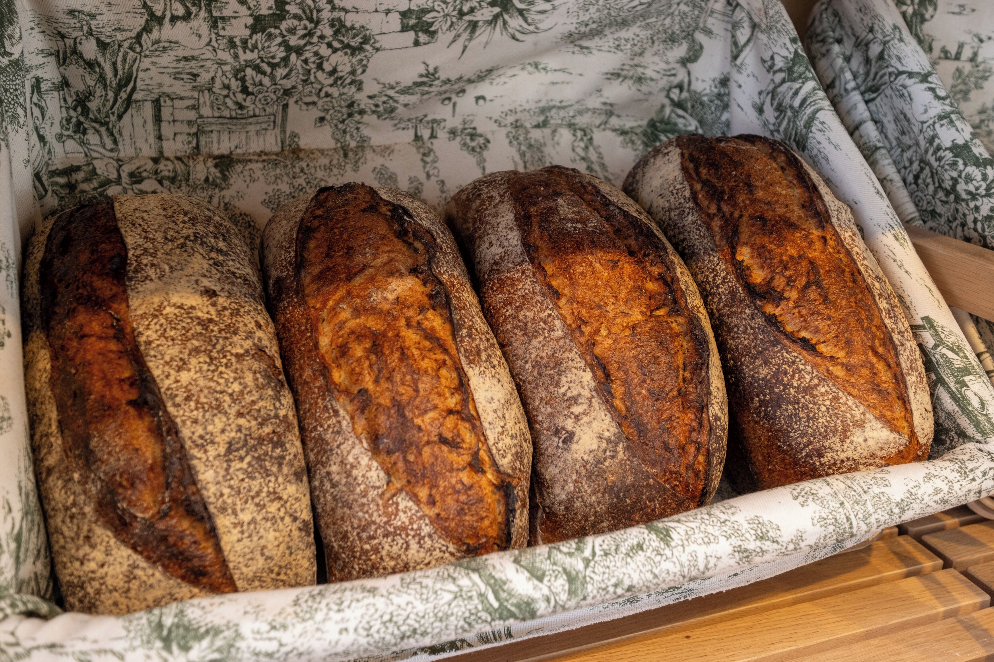 A tray of freshly baked loaves of bread.